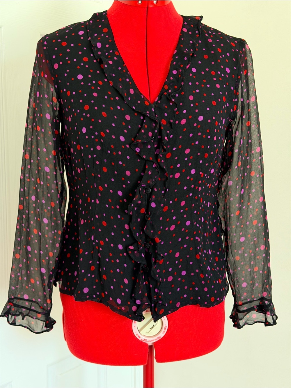 Vintage Y2K 90s Doen S.L.B. 100% Silk Ruffle Blouse Pink Red Polka Dot S XS
